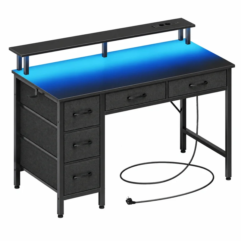 Moderner Gaming Computertisch mit LED, 100cm mit Schubladen und Monitorständer, Schwarz