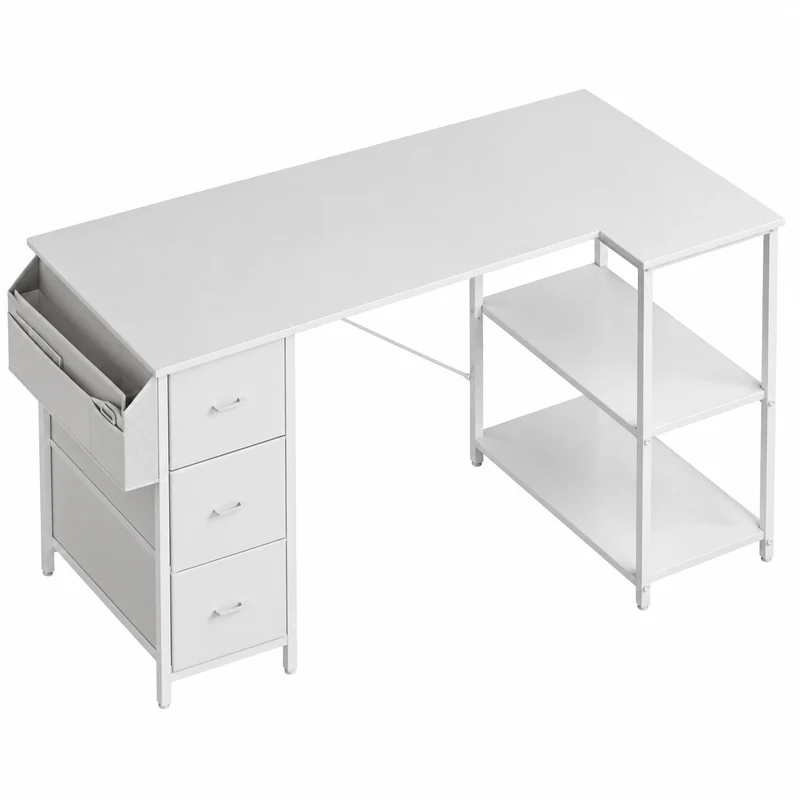 HLONONE L-förmiger Eckschreibtisch mit 3 Schubladen aus Stoff, 140 x 78 cm, Computertisch mit Stauraum und Seitentasche, ideal für Büro, Gaming und Home Office, Weiß