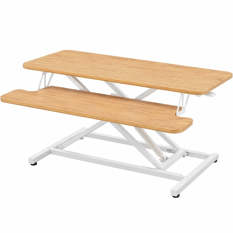 Höhenverstellbarer Steh-Sitz-Schreibtischaufsatz mit Tastaturablage, 91x40 cm, für Dual-Monitor, Rustikales Braun