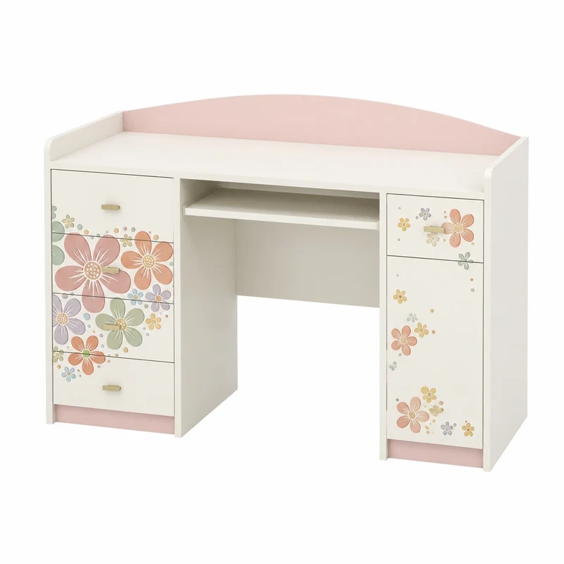 Kinderschreibtisch mit Tastaturablage und Blumenmuster, 5 Schubladen, 125x89x60 cm