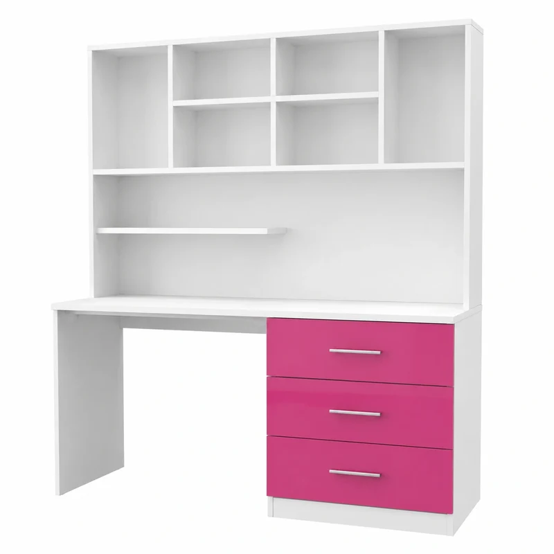 Moderner weiß/rosa Hochglanz Schreibtisch mit Regal - Schülerschreibtisch, Computertisch, Arbeitstisch