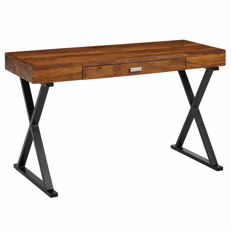 Massivholz-Schreibtisch aus Sheesham mit Schublade und Metallbeinen - 120x55x78 cm, ideal für Büro und Home Office