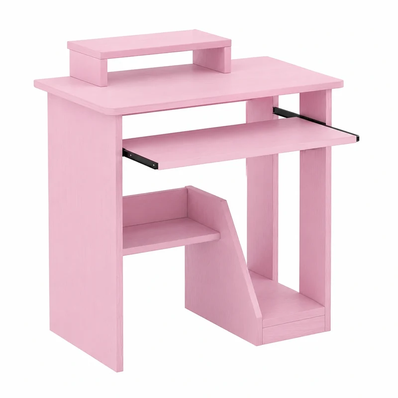 Moderner Schreibtisch mit Regal und Monitorständer, platzsparend für Homeoffice, Rosa
