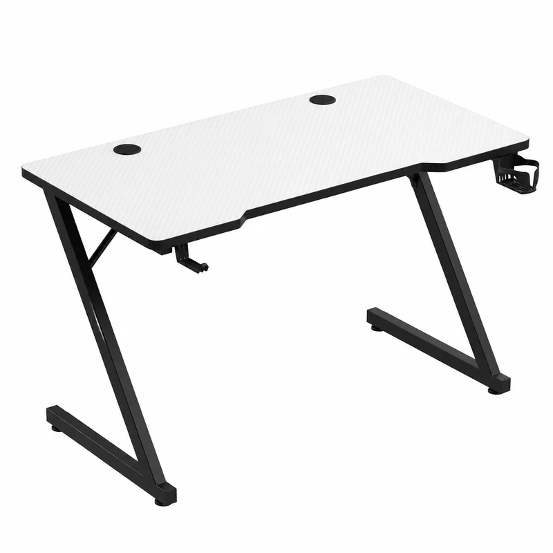 Huzaro Hero 2.5 Gaming-Tisch mit ergonomischem Design, Getränke- und Kopfhörerhalter, 120x60cm, Carbon-Optik, Weiß
