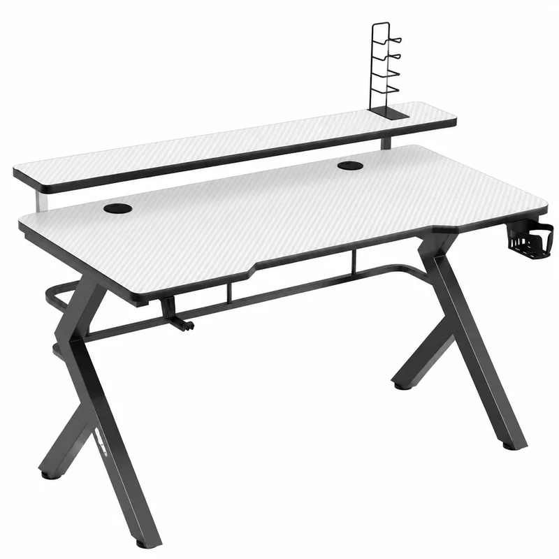 Huzaro Hero 5.0 Gamingtisch in Weiß - Ergonomischer Computertisch mit Monitorständer, Kopfhörerhaken und Getränkehalter - 120x60 cm - Zwei Kabeldurchführungen - Carbon-Oberfläche