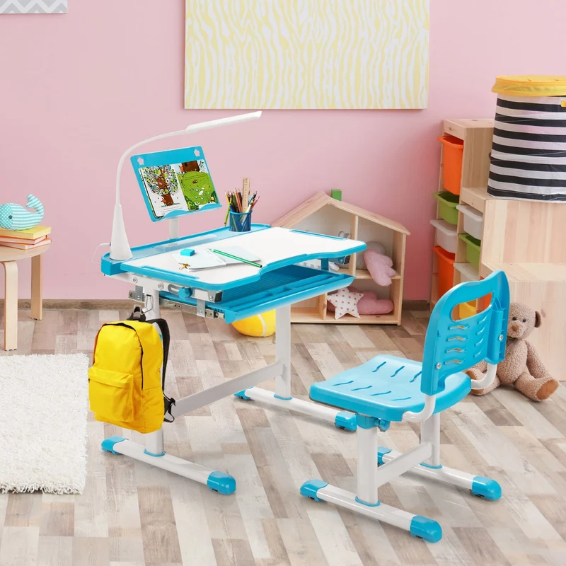 Costway – Höhenverstellbares Kinderschreibtisch-Set mit neigbarer Tischplatte, Bücherständer und LED-Lampe, Blau