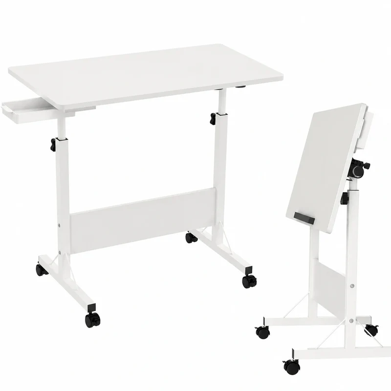 Höhenverstellbarer Klapptisch mit Rollen, 80 x 40 cm, Mobiler Schreibtisch für Büro und Zuhause, Weiß