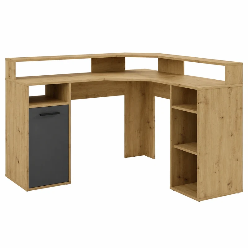byLIVING Gaming-Schreibtisch in Eiche-Optik mit Aufsatz und Stauraum, Anthrazittür, 139 x 90,8 x 139 cm