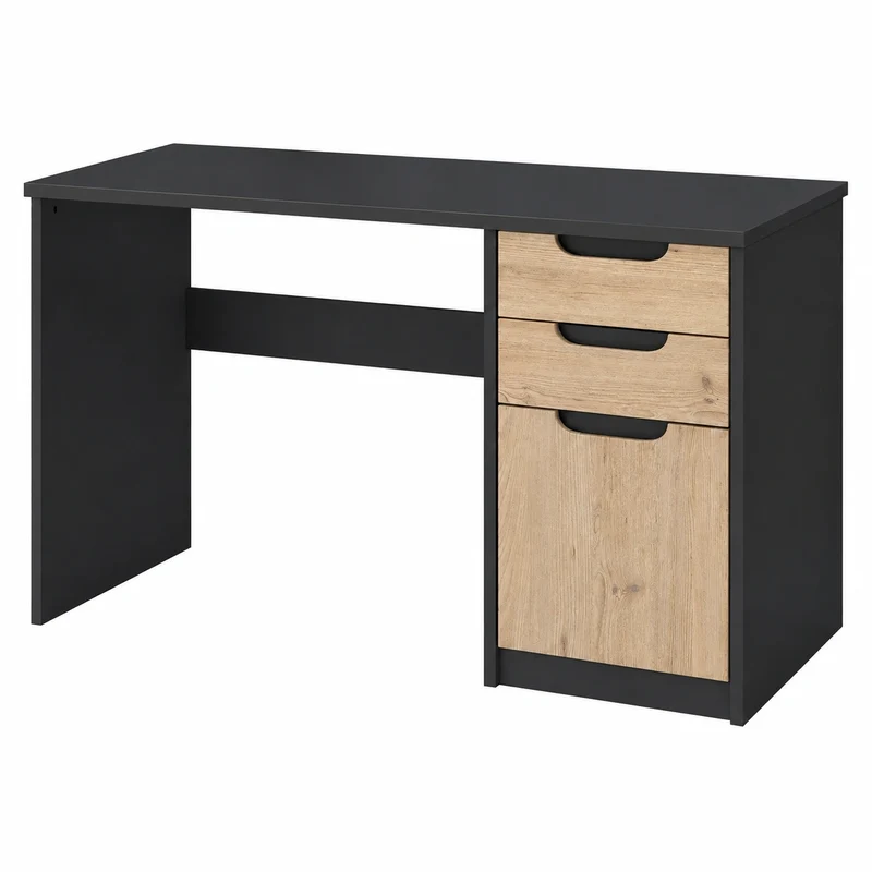 Moderner Schreibtisch Logan mit Stauraum, Schwarz matt/Eiche Nordic, 129x76x60 cm