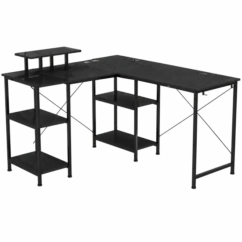 L-förmiger Gaming-Schreibtisch mit Regal und USB-Anschluss, Computertisch mit Monitorständer in Schwarz für Büro und Zuhause