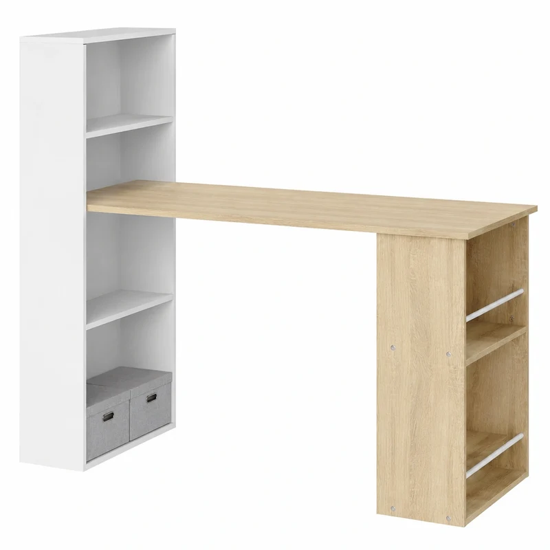eSituro Computertisch mit Regal, 120x55x120 cm, Bürotisch für Arbeitszimmer, Weiß/Hellbraun
