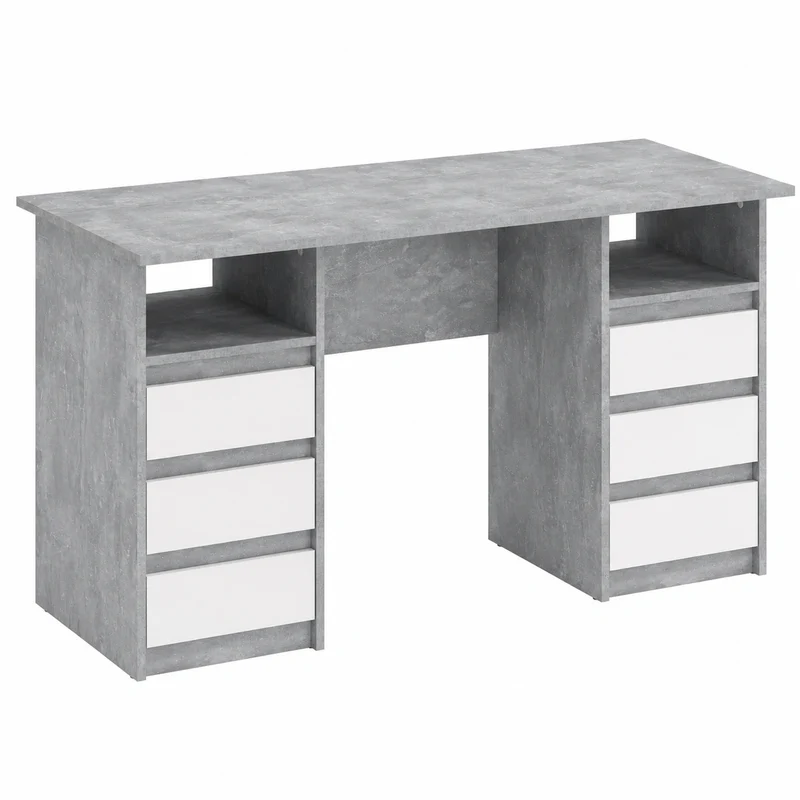 Moderner Schreibtisch Oslo 140x60 cm mit Schubladen, Beton und Weiß