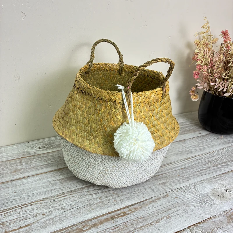 KidsDepot Aufbewahrungskorb PomPom Seegras Weiß Natur Quaste Deko