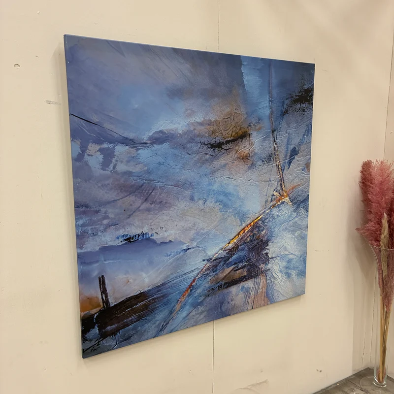 Wandbild 120x120 Leinwandbild Kunstdruck Abstrakt Blau Gold Struktur Keilrahmen