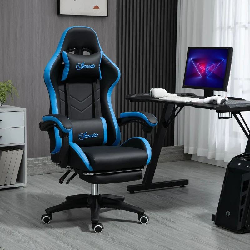 Vinsetto – Höhenverstellbarer Gaming-Stuhl mit Fußstütze, Kopfstütze und Lendenkissen, Blau.