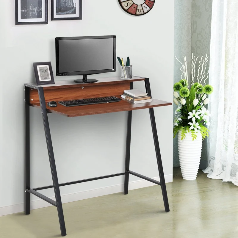 HOMCOM – Kompakter Computertisch mit Ablage und Kabeldurchlass, 84 × 45 × 85 cm, MDF und Metall, Walnuss/Schwarz