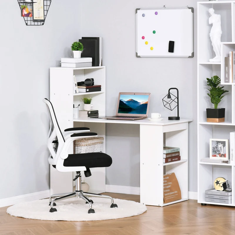 HOMCOM - Schreibtisch, mit Regal, Computertisch, Arbeitstisch, Laptoptisch, Büroregal, Weiß, 120x55x120cm