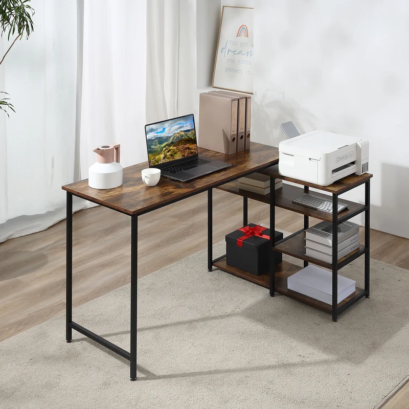 HOMCOM - Eckschreibtisch, Schreibtisch L Form, L Schreibtisch, Schreibtisch mit Stauraum, Bürotisch, Spanplatte Metall, Rustikales Braun, 135x90x79 cm
