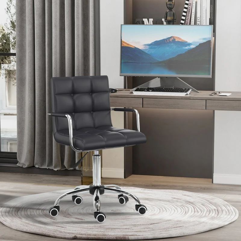 HOMCOM - Bürostuhl, Ergonomischer Bürostuhl, Drehstuhl, Schreibtischstuhl, Kosmetikhocker Rollhocker Arbeitshocker Chefsessel, Metall PU Schwarz