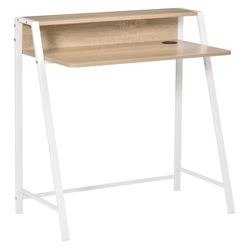 HOMCOM - Schreibtisch Moderner Computertisch mit Ablagefach & Kabeldurchlass, Metallgestell, Weiß+Eiche, 84x45x85cm
