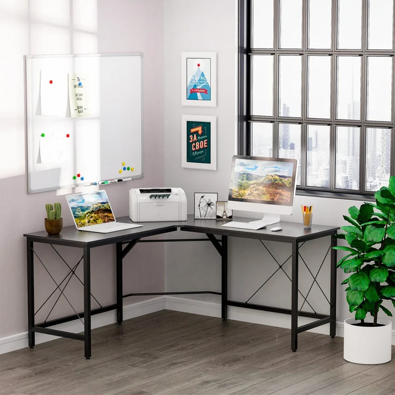 HOMCOM – L-förmiger Eckschreibtisch, 150 × 150 × 76 cm, bis 70 kg, MDF und Metall, Schwarz