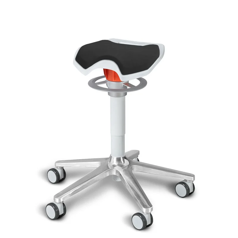 KÖHL ONGO Roll Sattel | Polster Stoff | Weiss Alu | ergonomischer Sitzhocker | Arbeitshocker | Sattelhocker