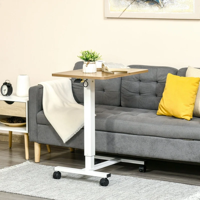 HOMCOM - Laptoptisch, Laptoptisch Höhenverstellbar, 70-110 cm, Gaslifts, bis 70 kg, Laptoptisch Bett, Laptoptisch Sofa, mit Rollen, Stahl, Naturholz