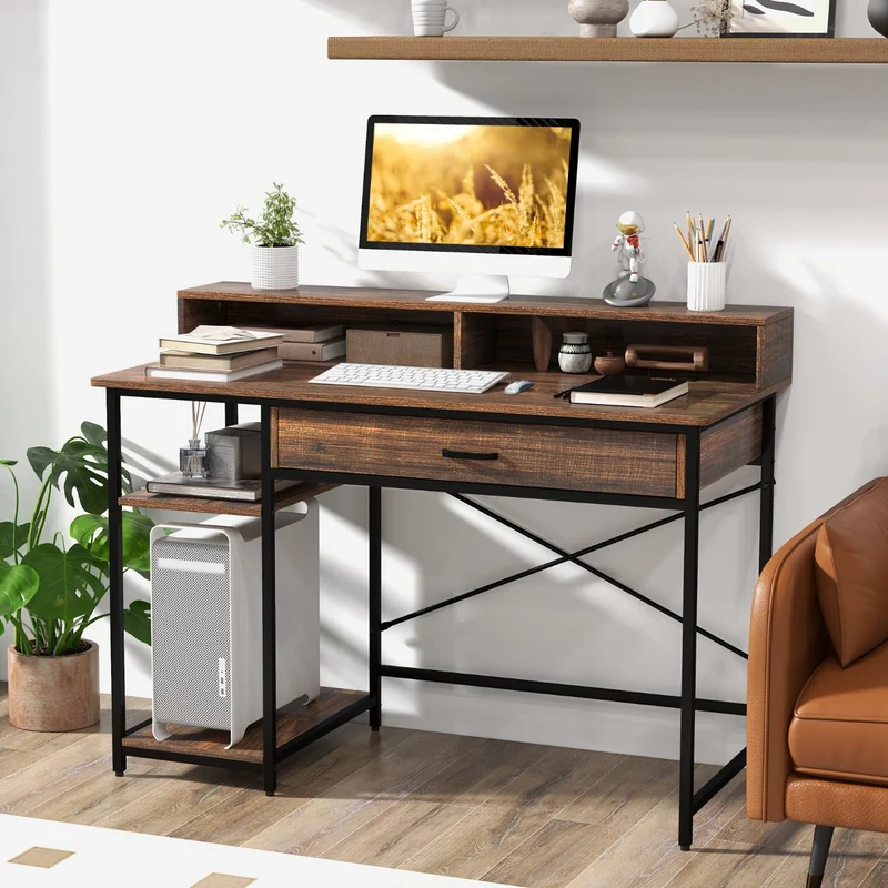 Costway - Schreibtisch, Schreibtisch mit Schublade, Computertisch, Monitorständer & 2 offenen Regalen, Computertisch mit Metallrahmen, 120x56x90,5 cm