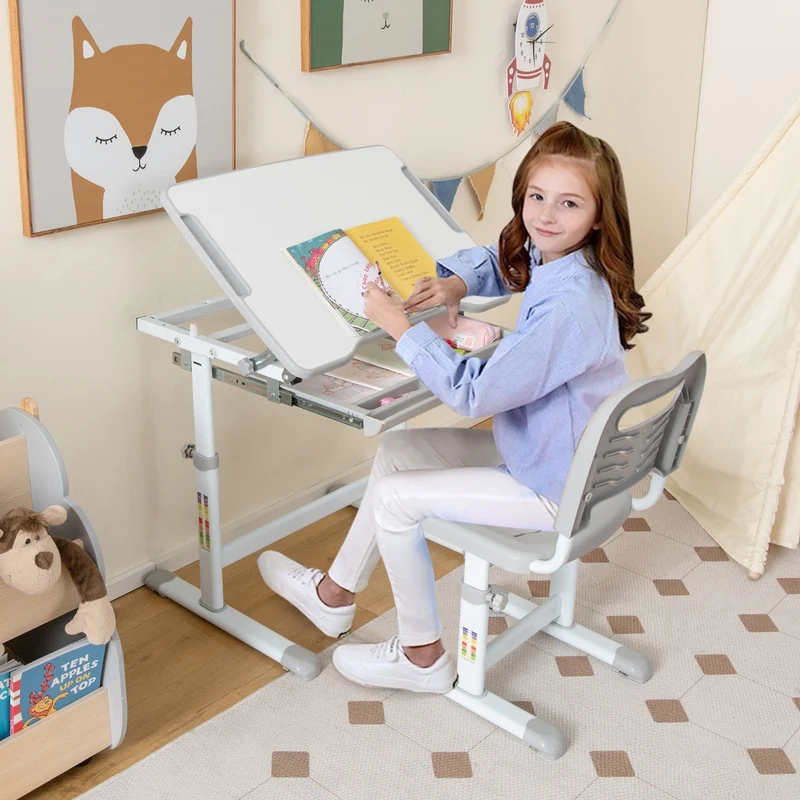 Costway - Schreibtisch Kinder, Höhenverstellbares Kinderschreibtisch Set, mit Neigbarer Tischplatte, Tisch kann bis 60 kg, Stuhl bis 100 kg, Grau