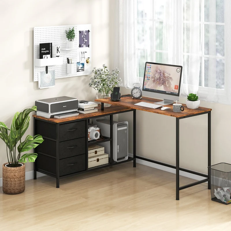 Costway 2-in-1 PC Tisch, verwandelbarer Eckschreibtisch oder 205 cm Computertisch, mit Steckdose, 2 USB-Anschlüssen, 3 Schubladen und Ablage