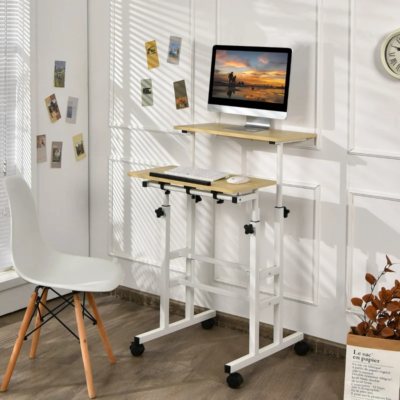 Costway – Mobiler Sitz-Steh-Schreibtisch mit 2 separat höhenverstellbaren Tischplatten und 4 Rollen, Weiß/Natur