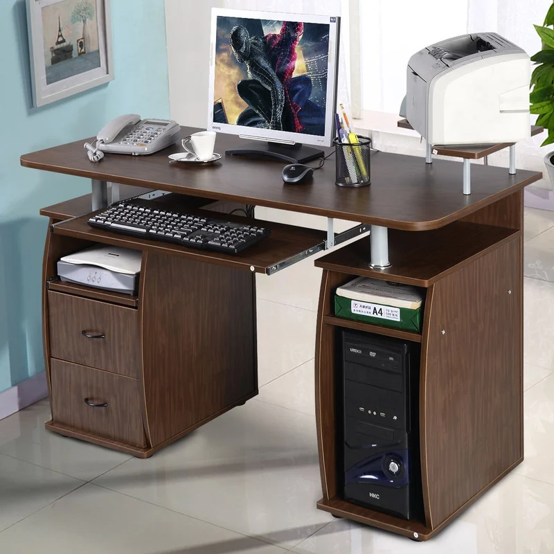 Costway – Computertisch mit Tastaturauszug, Druckerablage, Monitoraufsatz und Schublade, 120 × 55 × 85 cm, Walnuss