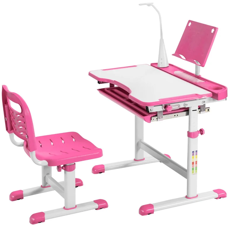 Costway – Höhenverstellbares Kinderschreibtisch-Set mit neigbarer Tischplatte, Bücherständer und LED-Lampe, Rosa