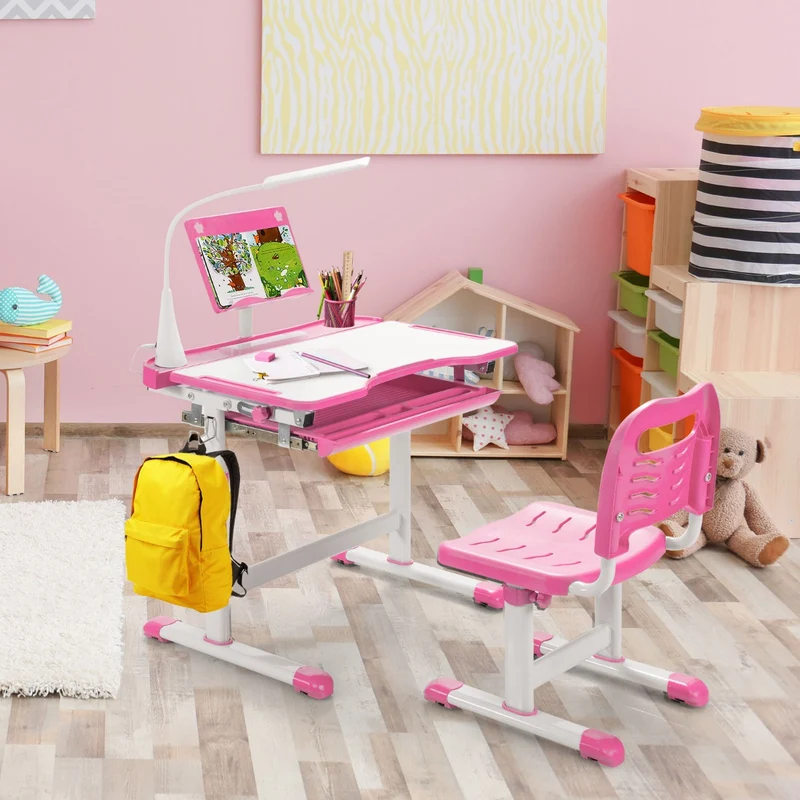 Costway – Höhenverstellbares Kinderschreibtisch-Set mit neigbarer Tischplatte, Bücherständer und LED-Lampe, Rosa