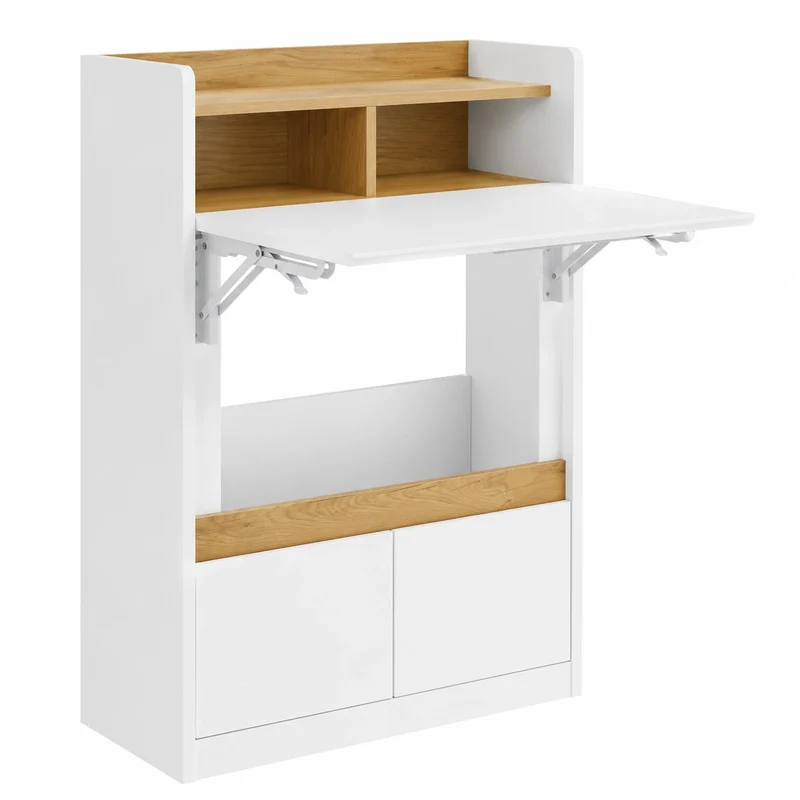 SoBuy Klappbarer Schreibtisch mit Regalen und Schubladen für Homeoffice, Weiß/Natur, 63x93x67cm