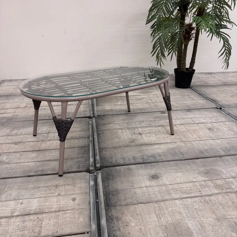 Outdoor Couchtisch Grau Beige Rattan Glas Gartentisch Wetterfest