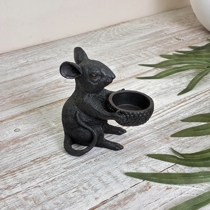 Teelichthalter Maus schwarz Kunststoff 12,5cm
