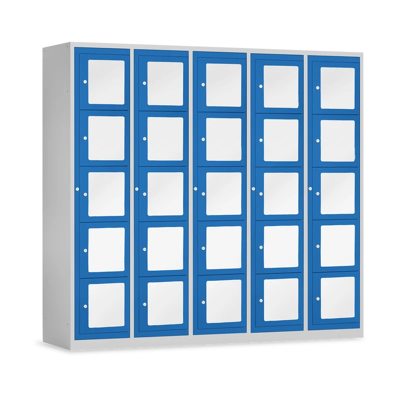 Schließfachschrank mit Sichtfenster (1500 mm) in Lichtgrau / Enzianblau