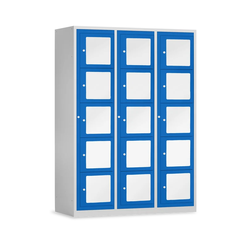 Schließfachschrank mit Sichtfenster (1200 mm) in Lichtgrau / Enzianblau