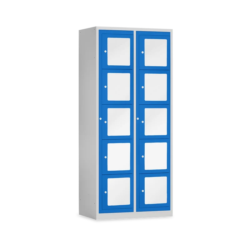 Schließfachschrank mit Sichtfenster (600 mm) in Lichtgrau / Enzianblau