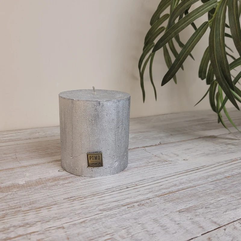 PTMD Stumpenkerze Silber Struktur Rustikal Kerze Deko 10cm