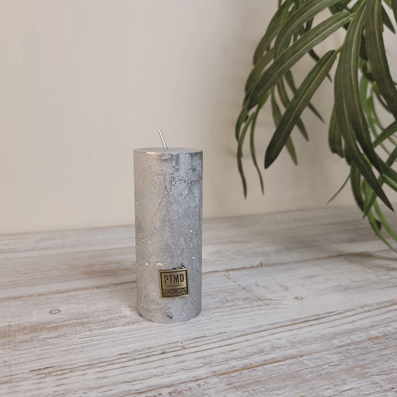 PTMD Stumpenkerze Silber Struktur Rustikal Kerze Deko 12cm