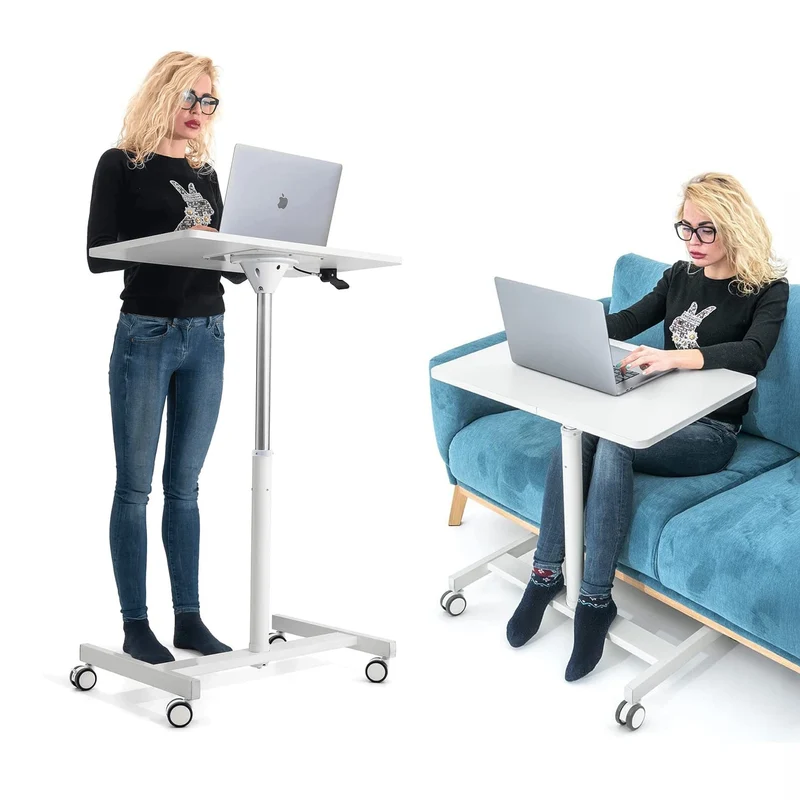 Tatkraft Trend – Höhenverstellbarer Laptoptisch mit Gasfeder und Rollen, 74–114 cm, Tischplatte 70 × 48 cm, Weiß
