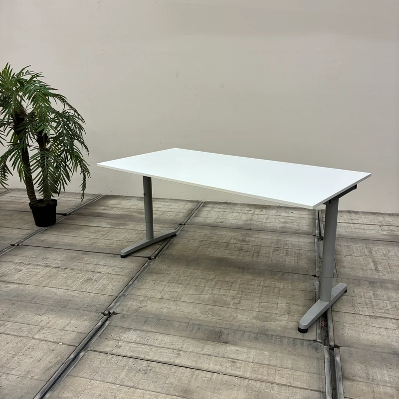 Schreibtisch Weiß 160x80 Silber Höhenverstellbar T-Fuß-Gestell Bürotisch Gebraucht