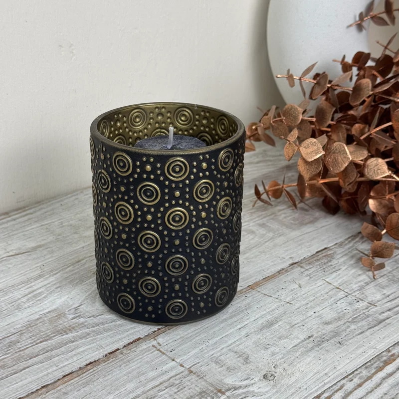 Countryfield Teelichthalter Hailey Windlicht Schwarz Gold Muster Deko