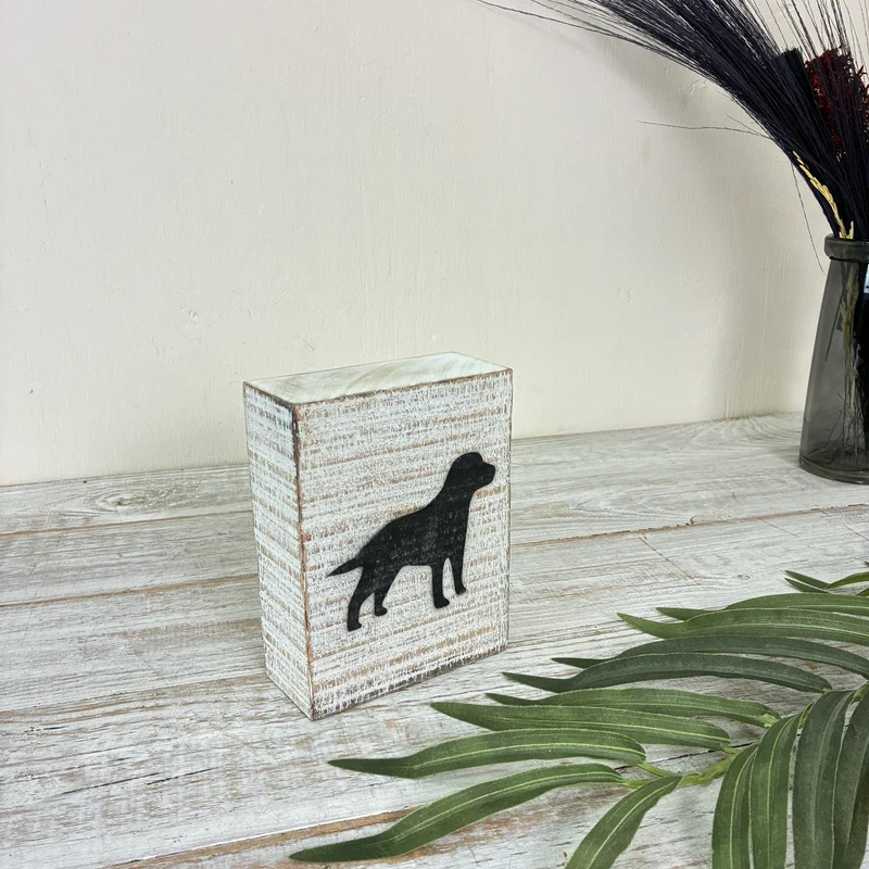 Dekorativer Block 15cm Holz Hund Weiß Schwarz Deko Holzblock