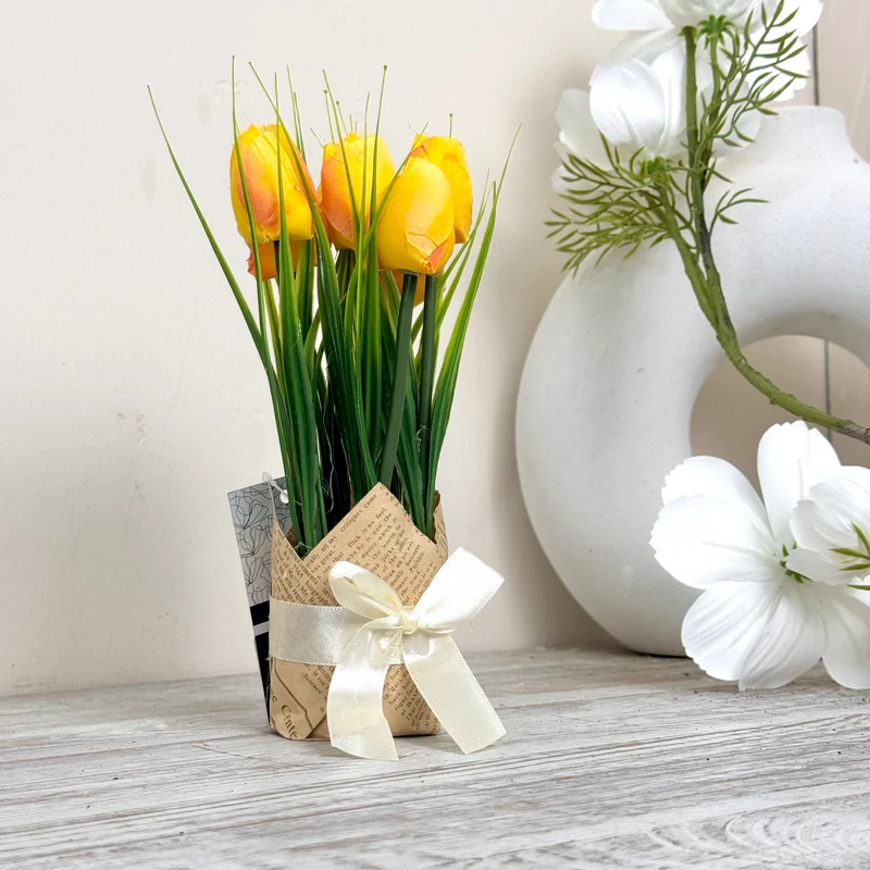 Kunstblumen Tulpen in Geschenkverpackung Deko Gelb Frühling