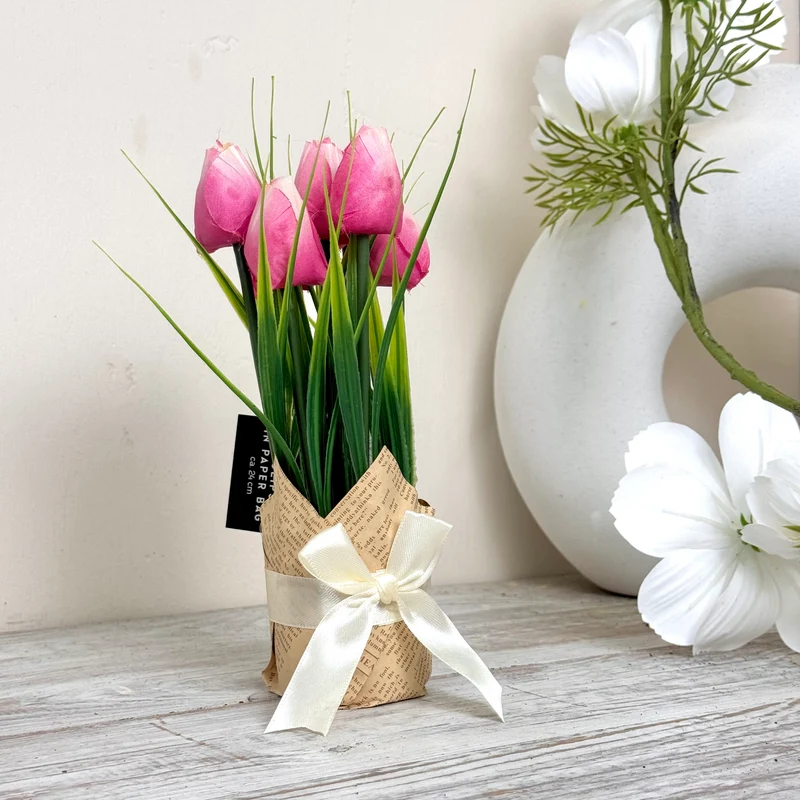 Kunstblumen Tulpen in Geschenkverpackung Deko Pink Frühling