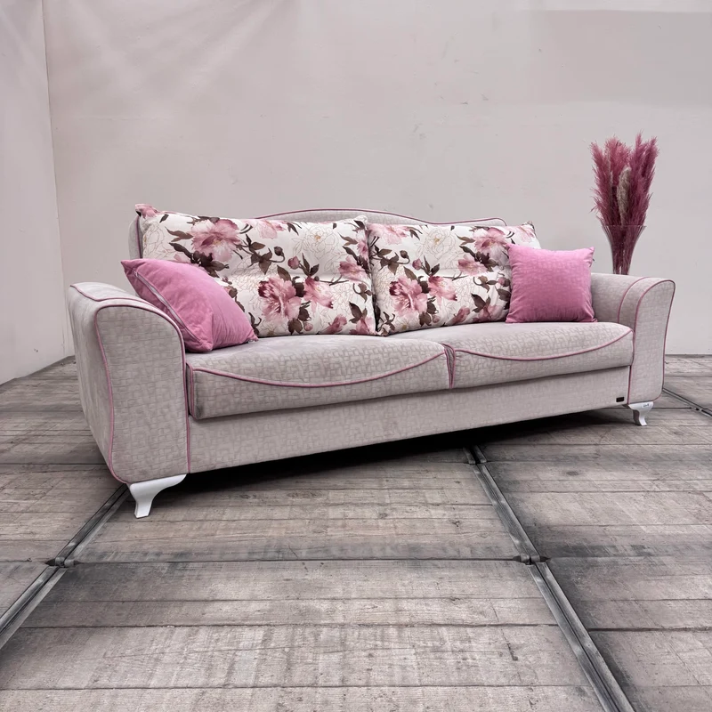 Savolli Dreisitzer Couch Beige Grau Rosa mit Kissen Sofa Gebraucht