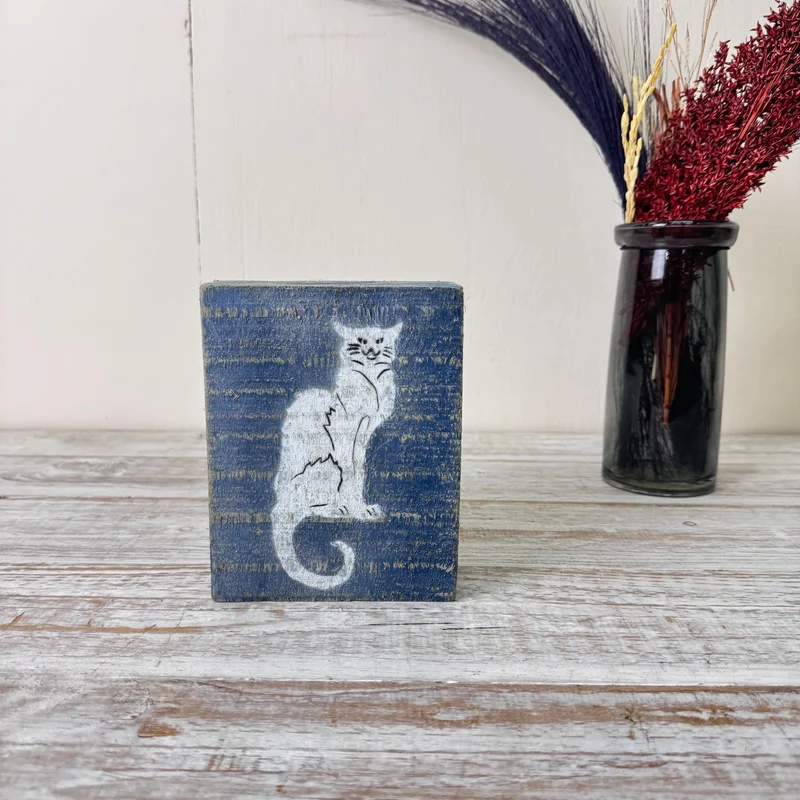 Holzblock 15cm Holz Katze Blau Weiß Vintage Shabby Deko